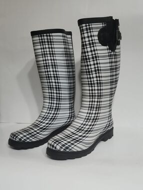 Women's Rainboots, Tall Rain Boots, White Plaid Size 7